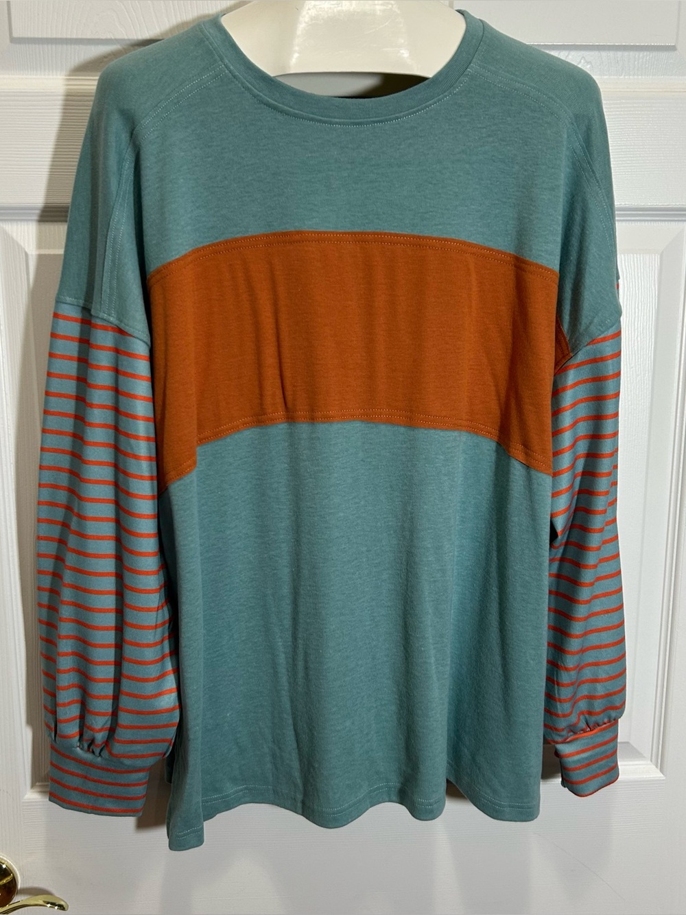 Dokotoo Teal and Rust-Accent Long Sleeve Blouse